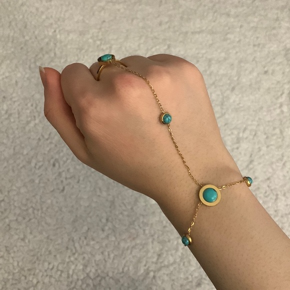 Turquoise and Gold Roman Numeral Hand Chain - Picture 5 of 17